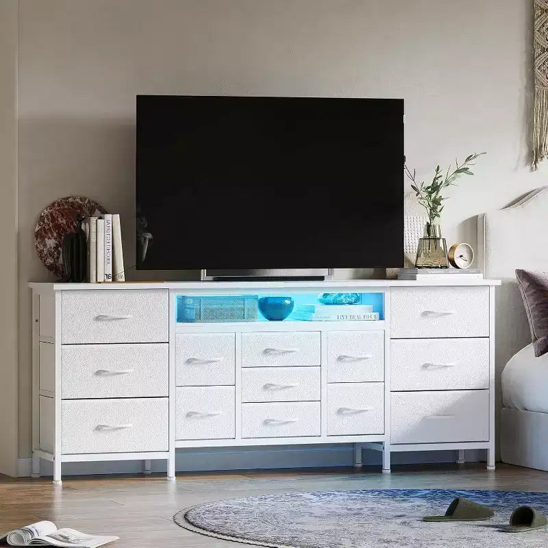 70 Inch 13-Drawer Dresser and TV Stand, Multi-Functional Storage Organizer for 65-80 Inch TVs, Fabric Cabinet for Bedroom and Living Room