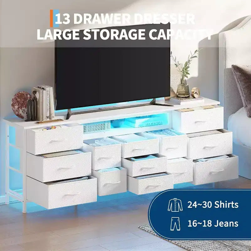 70 Inch 13-Drawer Dresser and TV Stand, Multi-Functional Storage Organizer for 65-80 Inch TVs, Fabric Cabinet for Bedroom and Living Room