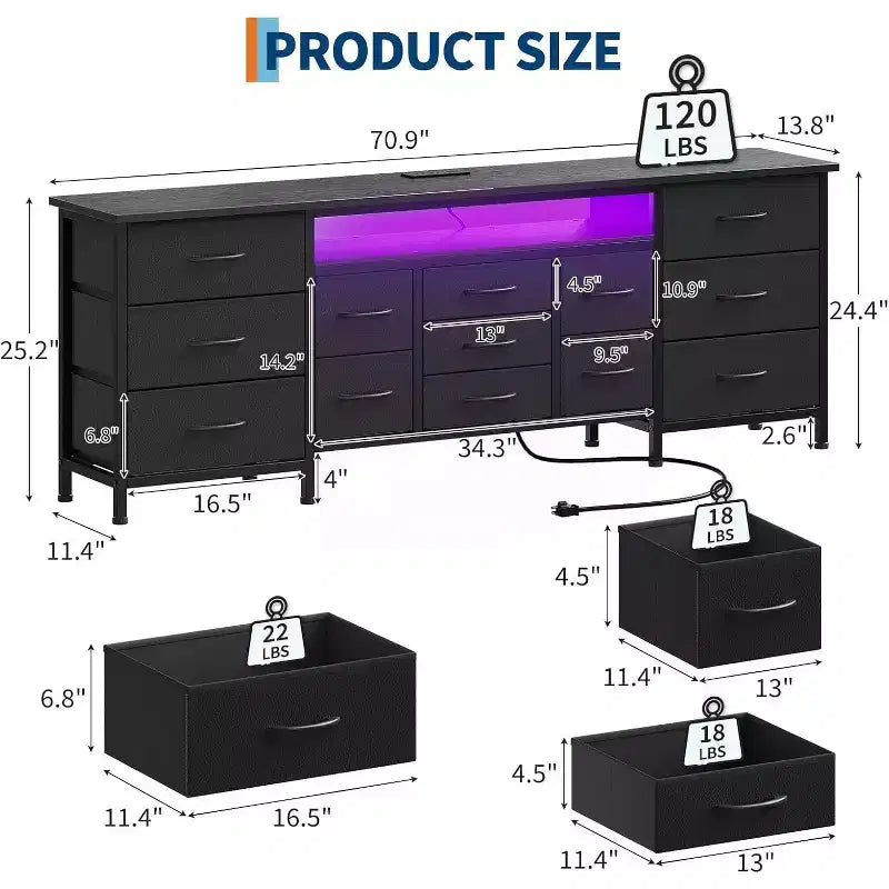 70 Inch 13-Drawer Dresser and TV Stand, Multi-Functional Storage Organizer for 65-80 Inch TVs, Fabric Cabinet for Bedroom and Living Room