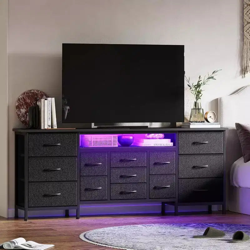 70 Inch 13-Drawer Dresser and TV Stand, Multi-Functional Storage Organizer for 65-80 Inch TVs, Fabric Cabinet for Bedroom and Living Room