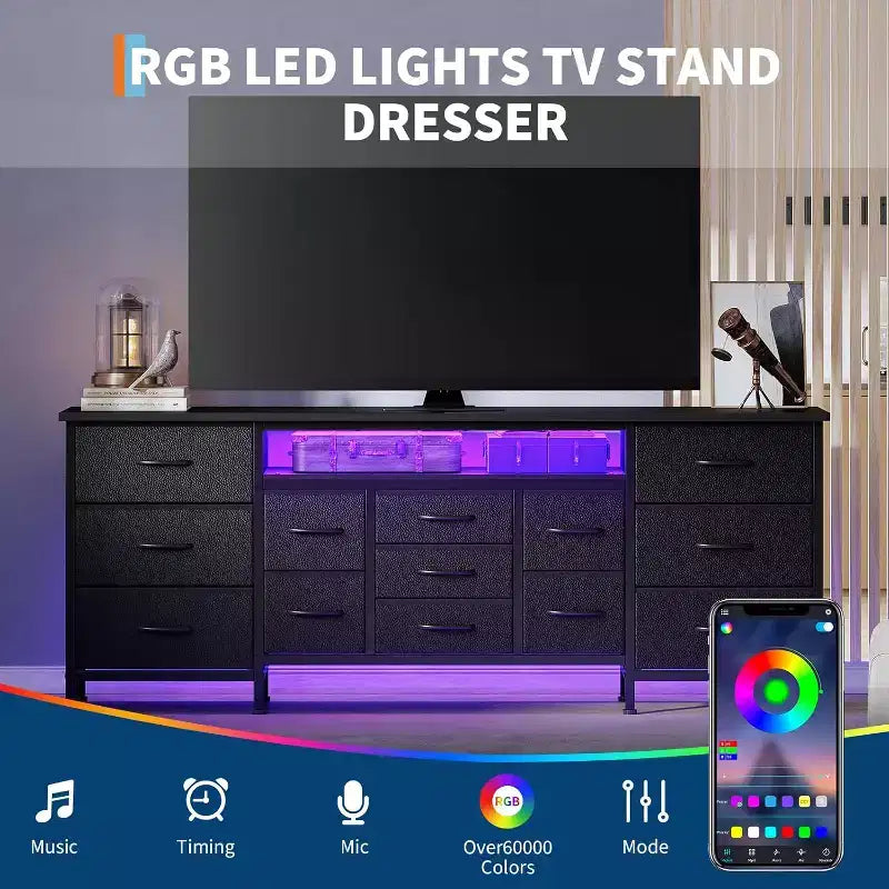 70 Inch 13-Drawer Dresser and TV Stand, Multi-Functional Storage Organizer for 65-80 Inch TVs, Fabric Cabinet for Bedroom and Living Room