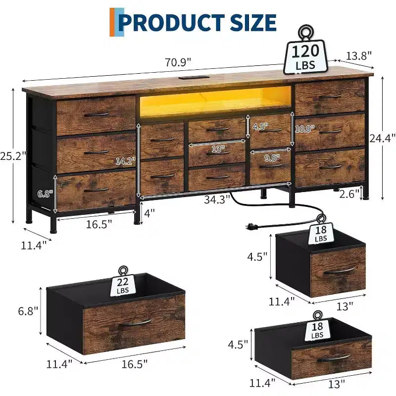 70 Inch 13-Drawer Dresser and TV Stand, Multi-Functional Storage Organizer for 65-80 Inch TVs, Fabric Cabinet for Bedroom and Living Room