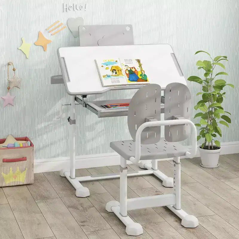 Costway Scrivania e Sedia per Bambini con Piano Inclinabile, Leggio e Poggiapiedi per Bambini Piccoli