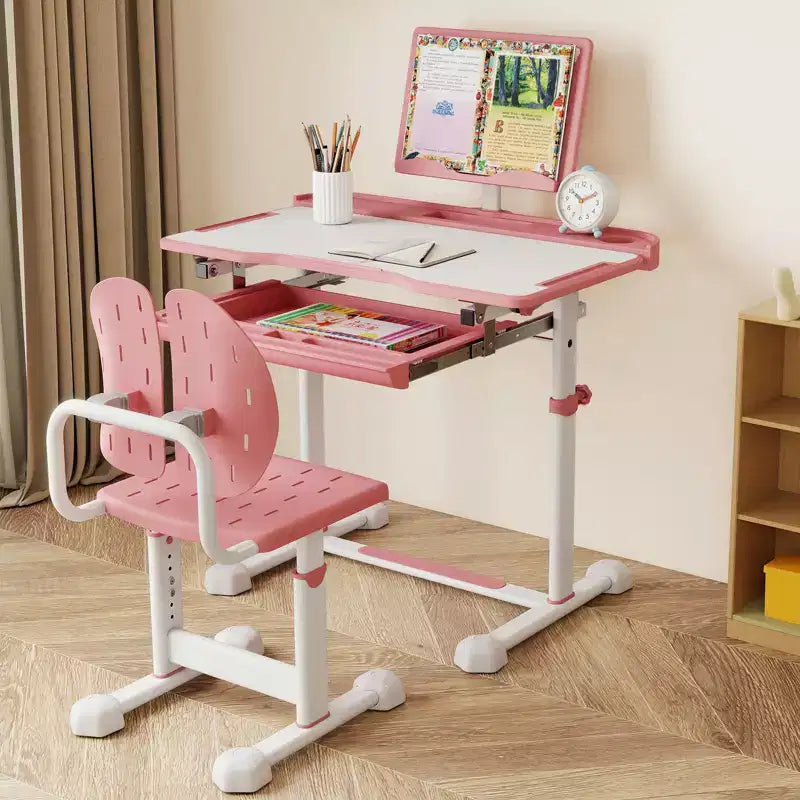 Costway Scrivania e Sedia per Bambini con Piano Inclinabile, Leggio e Poggiapiedi per Bambini Piccoli