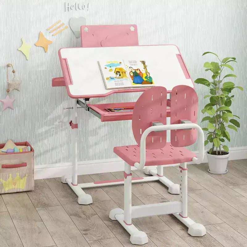 Costway Scrivania e Sedia per Bambini con Piano Inclinabile, Leggio e Poggiapiedi per Bambini Piccoli