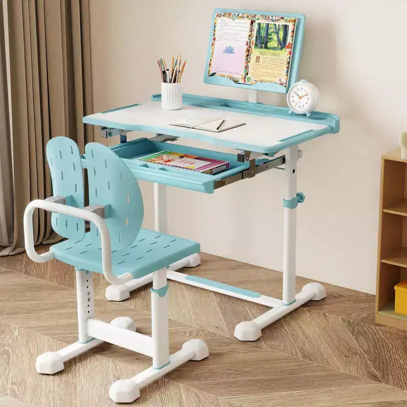 Costway Scrivania e Sedia per Bambini con Piano Inclinabile, Leggio e Poggiapiedi per Bambini Piccoli