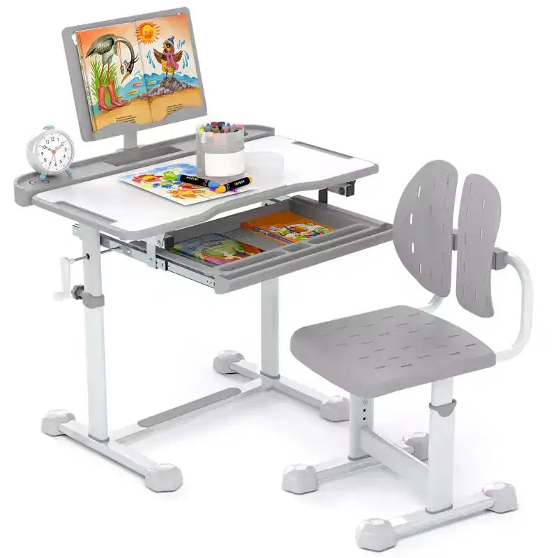 Costway Scrivania e Sedia per Bambini con Piano Inclinabile, Leggio e Poggiapiedi per Bambini Piccoli