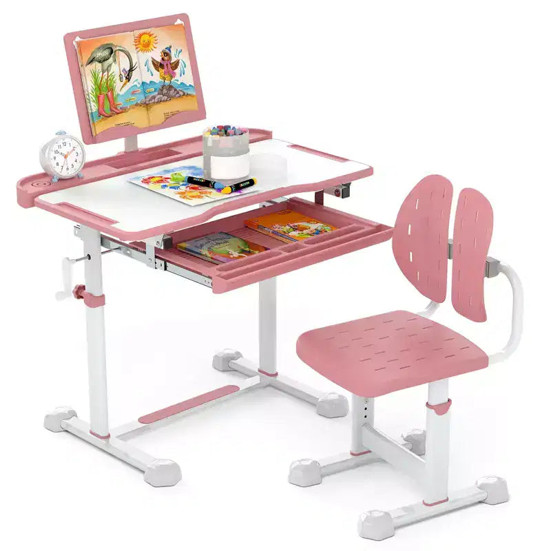 Costway Scrivania e Sedia per Bambini con Piano Inclinabile, Leggio e Poggiapiedi per Bambini Piccoli