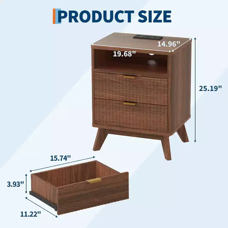 Fluted Nightstand with Charging Station,Bedside Table with 2 Storage Drawers,End Table with 2 Drawers and Solid Wood Legs