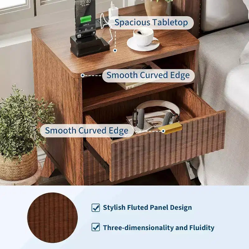 Fluted Nightstand with Charging Station,Bedside Table with 2 Storage Drawers,End Table with 2 Drawers and Solid Wood Legs