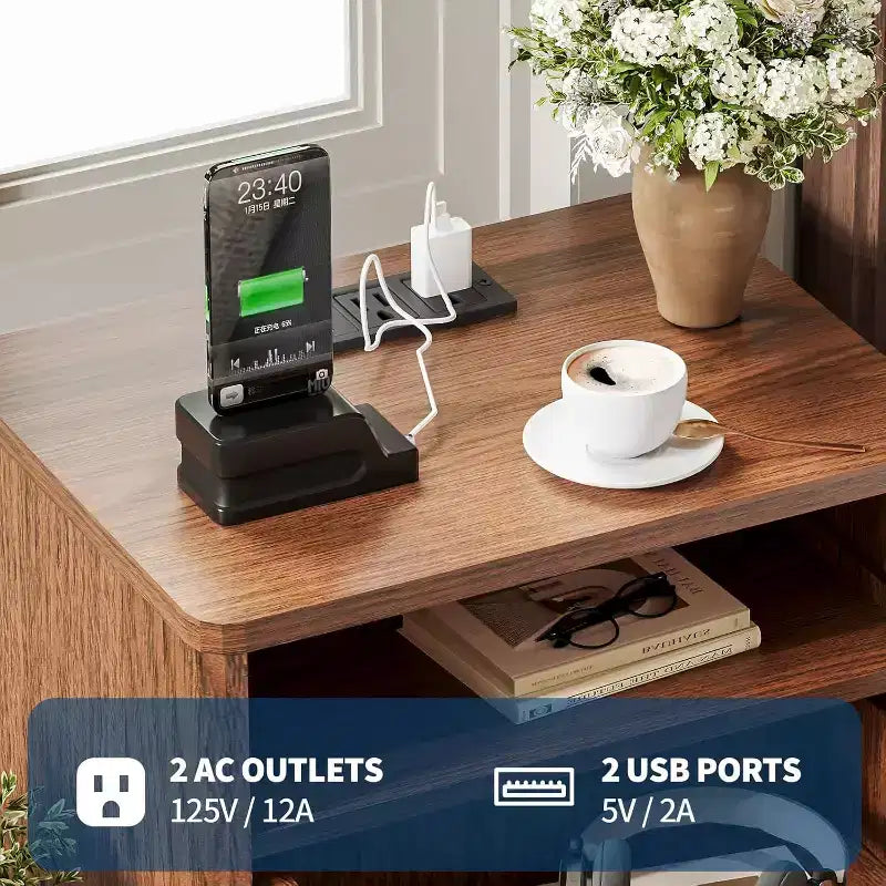 Fluted Nightstand with Charging Station,Bedside Table with 2 Storage Drawers,End Table with 2 Drawers and Solid Wood Legs