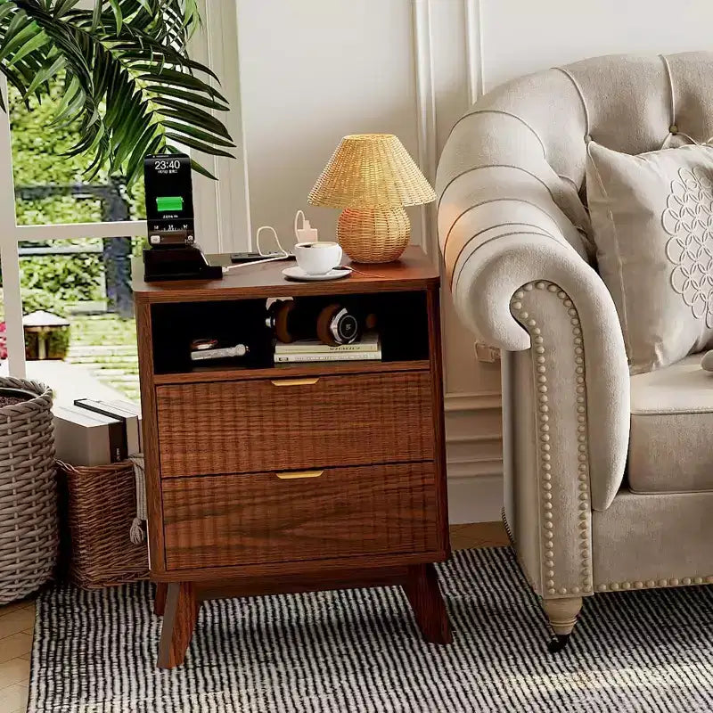 Fluted Nightstand with Charging Station,Bedside Table with 2 Storage Drawers,End Table with 2 Drawers and Solid Wood Legs