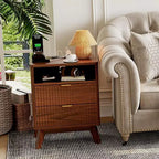 Fluted Nightstand with Charging Station,Bedside Table with 2 Storage Drawers,End Table with 2 Drawers and Solid Wood Legs