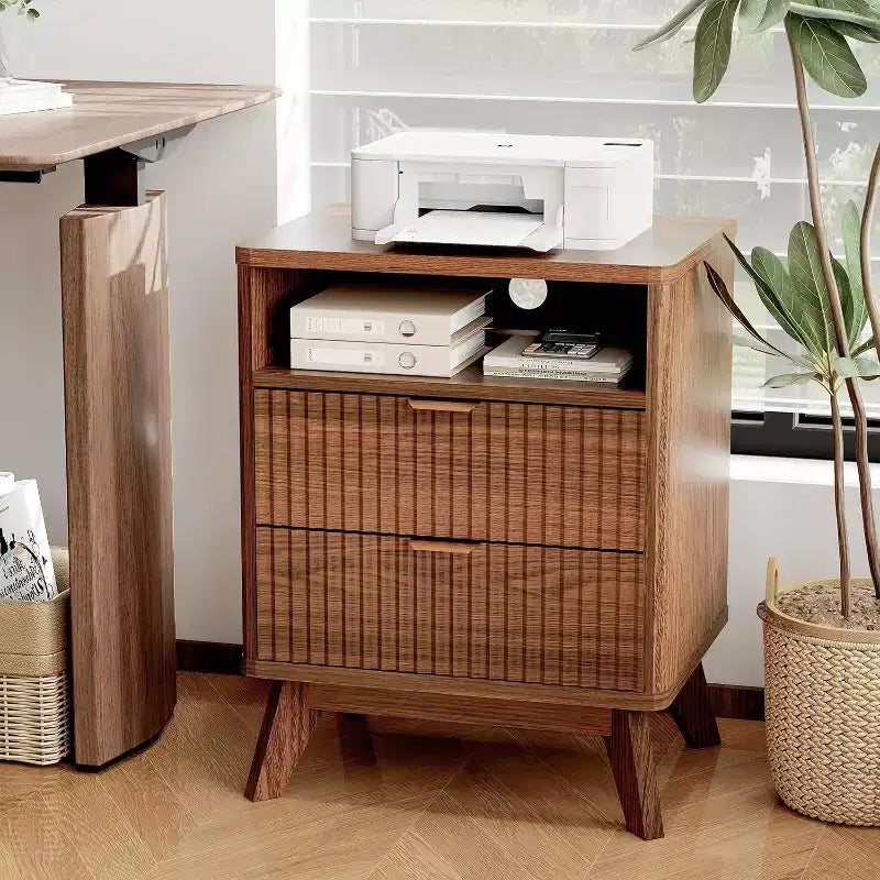 Fluted Nightstand with Charging Station,Bedside Table with 2 Storage Drawers,End Table with 2 Drawers and Solid Wood Legs