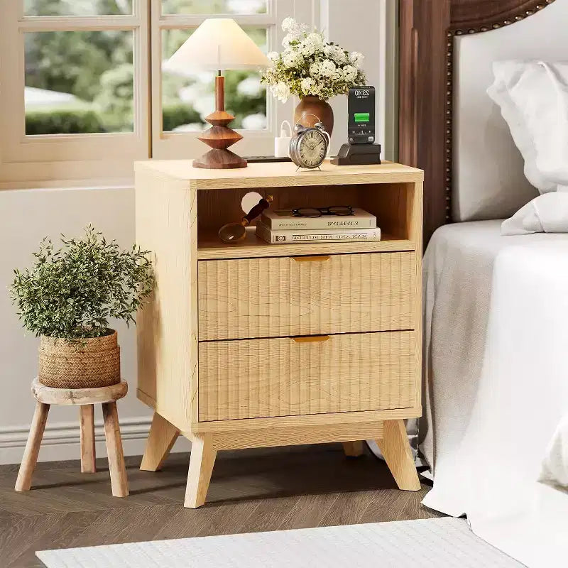 Fluted Nightstand with Charging Station,Bedside Table with 2 Storage Drawers,End Table with 2 Drawers and Solid Wood Legs