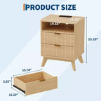 Fluted Nightstand with Charging Station,Bedside Table with 2 Storage Drawers,End Table with 2 Drawers and Solid Wood Legs