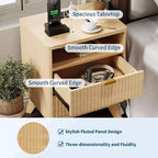 Fluted Nightstand with Charging Station,Bedside Table with 2 Storage Drawers,End Table with 2 Drawers and Solid Wood Legs