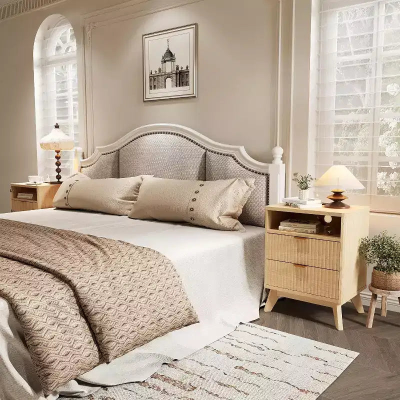 Fluted Nightstand with Charging Station,Bedside Table with 2 Storage Drawers,End Table with 2 Drawers and Solid Wood Legs