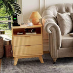 Fluted Nightstand with Charging Station,Bedside Table with 2 Storage Drawers,End Table with 2 Drawers and Solid Wood Legs