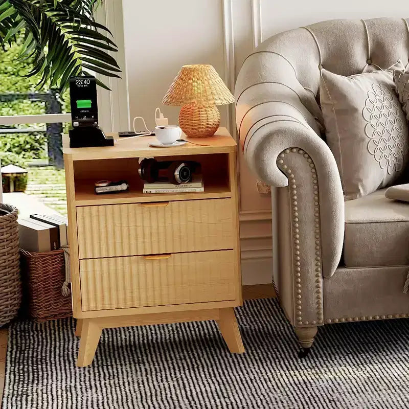 Fluted Nightstand with Charging Station,Bedside Table with 2 Storage Drawers,End Table with 2 Drawers and Solid Wood Legs