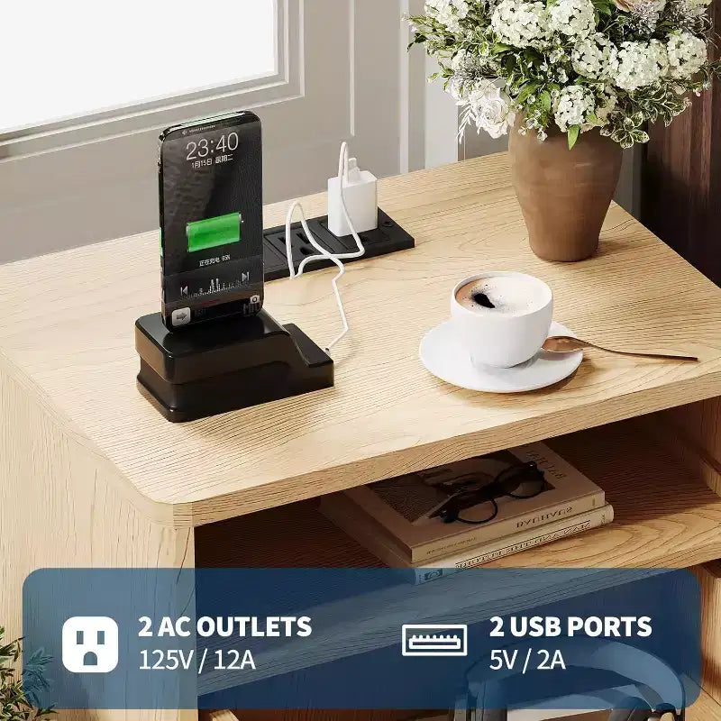 Fluted Nightstand with Charging Station,Bedside Table with 2 Storage Drawers,End Table with 2 Drawers and Solid Wood Legs