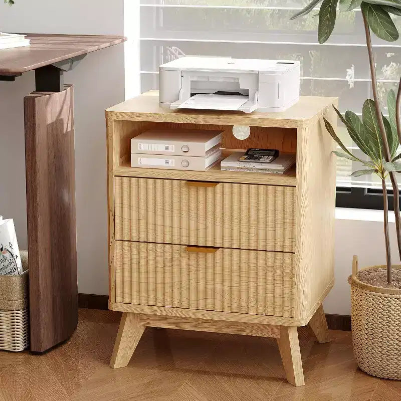 Fluted Nightstand with Charging Station,Bedside Table with 2 Storage Drawers,End Table with 2 Drawers and Solid Wood Legs