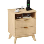 Fluted Nightstand with Charging Station,Bedside Table with 2 Storage Drawers,End Table with 2 Drawers and Solid Wood Legs