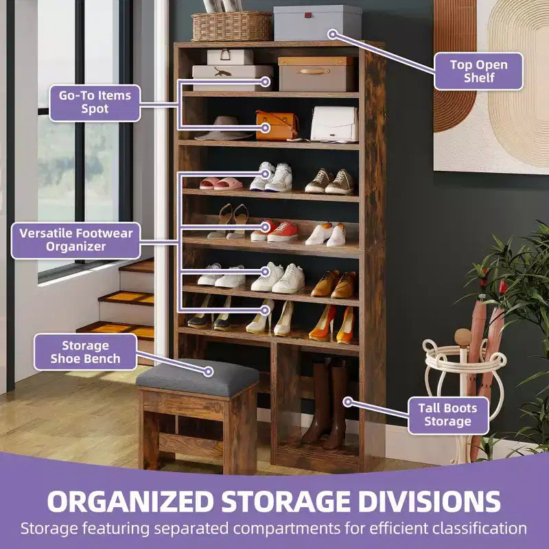 70.9inch Tall Shoe Cabinet with Open Storage and High Boots Cubby for Entryway Living Room