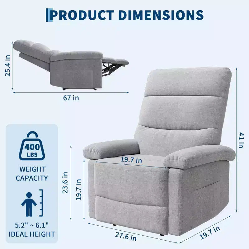 Manual Recliner Chair for Adults, Ergonomic Fabric Single Sofa with Back Support, Side Pocket, Adjustable Reclining Chair for Living Room, Bedroom