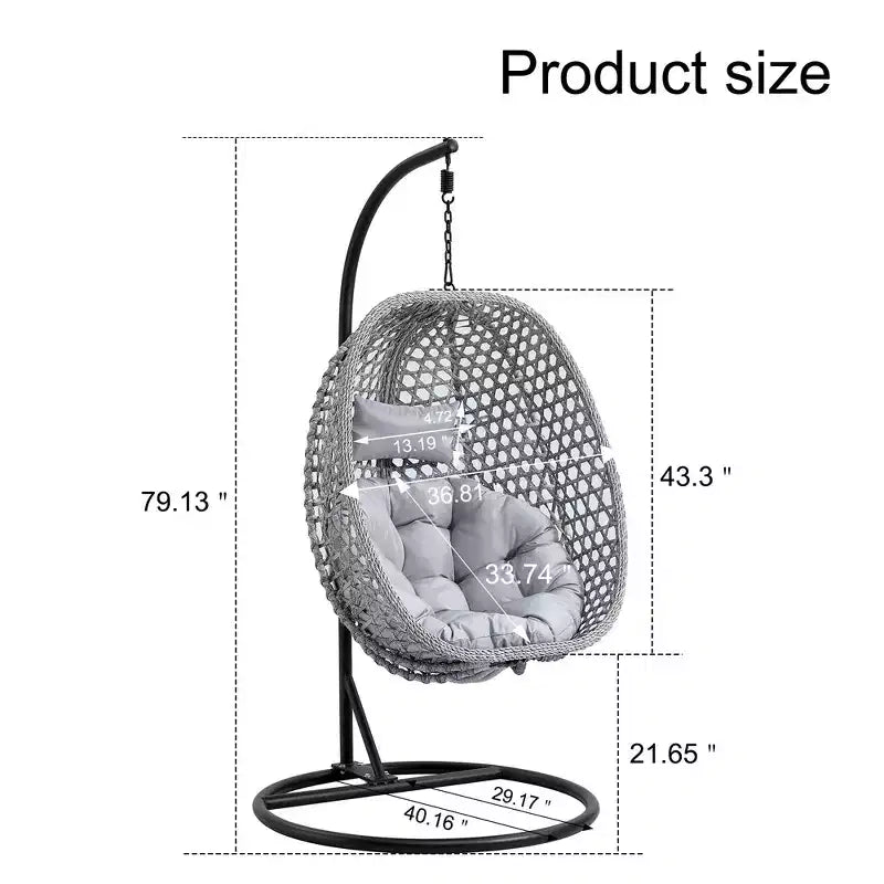 Swinging Chair Hammock Egg Chair Patio Wicker Swing Egg Hanging Chair With Stand, 350lbs Maximum Weight Capacity, Ash