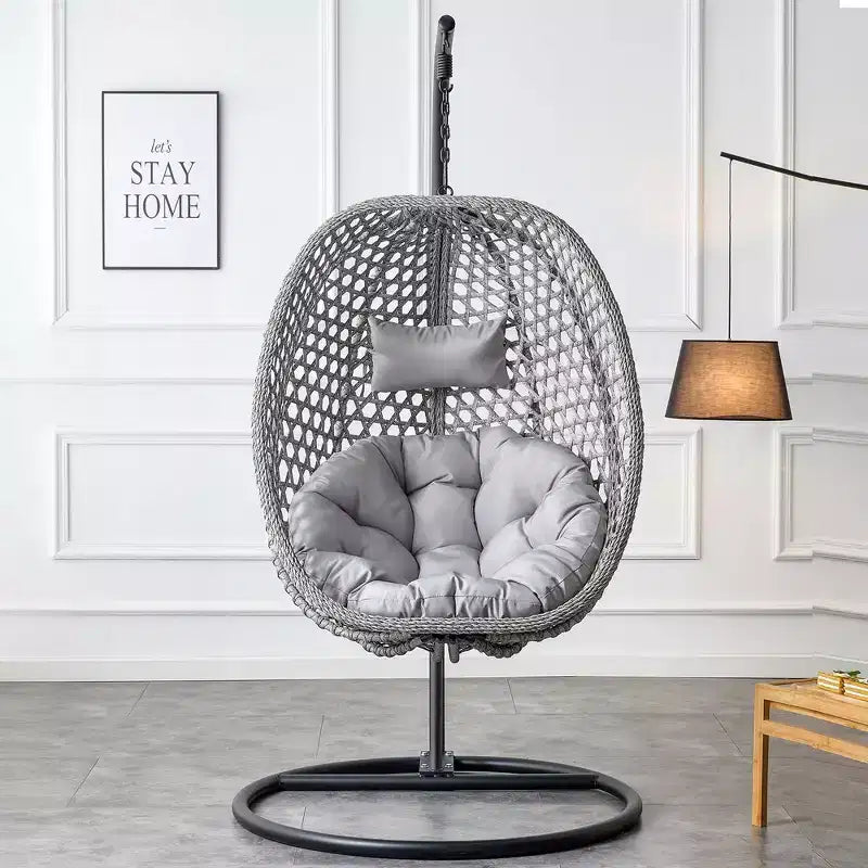 Swinging Chair Hammock Egg Chair Patio Wicker Swing Egg Hanging Chair With Stand, 350lbs Maximum Weight Capacity, Ash