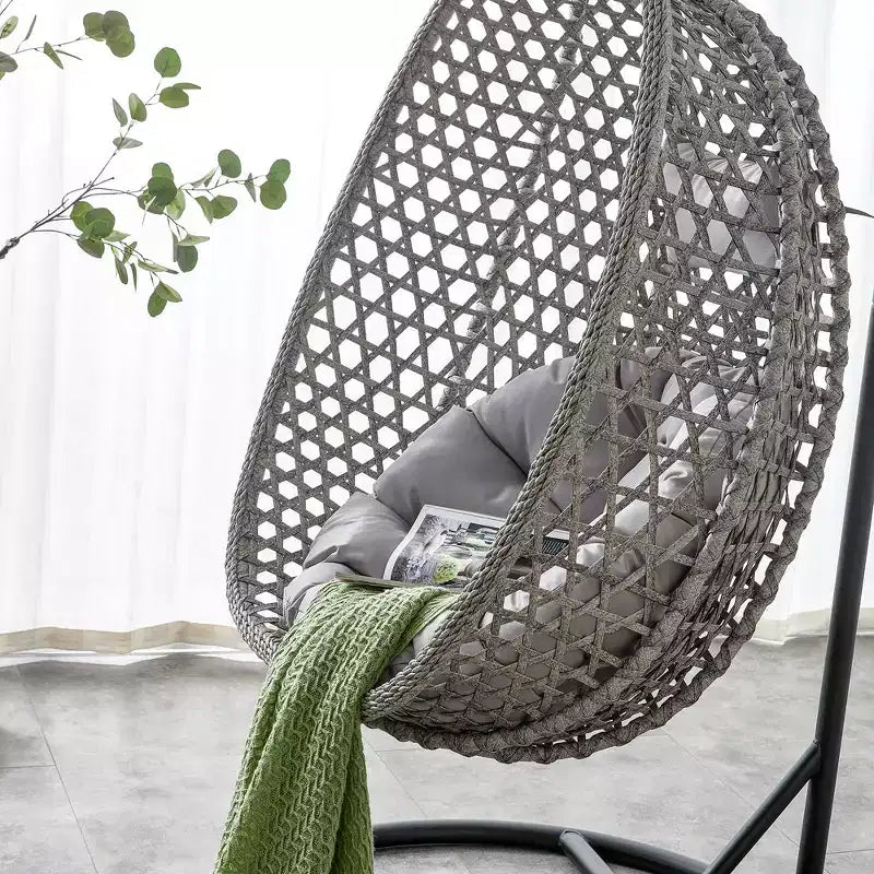 Swinging Chair Hammock Egg Chair Patio Wicker Swing Egg Hanging Chair With Stand, 350lbs Maximum Weight Capacity, Ash
