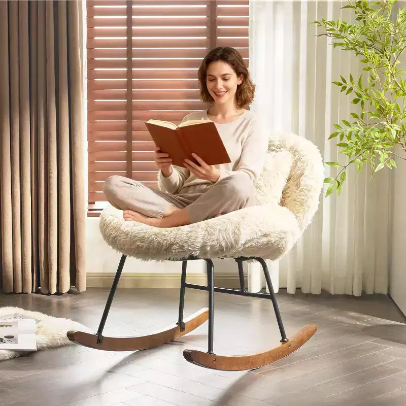VINGLI Poltrona a dondolo a gambe incrociate curva da 25.6 pollici con cuscino lombare e base in legno massello