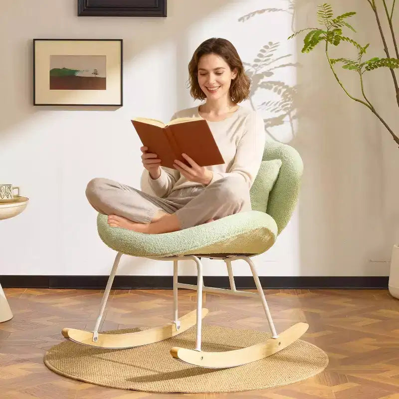 VINGLI Poltrona a dondolo a gambe incrociate curva da 25.6 pollici con cuscino lombare e base in legno massello