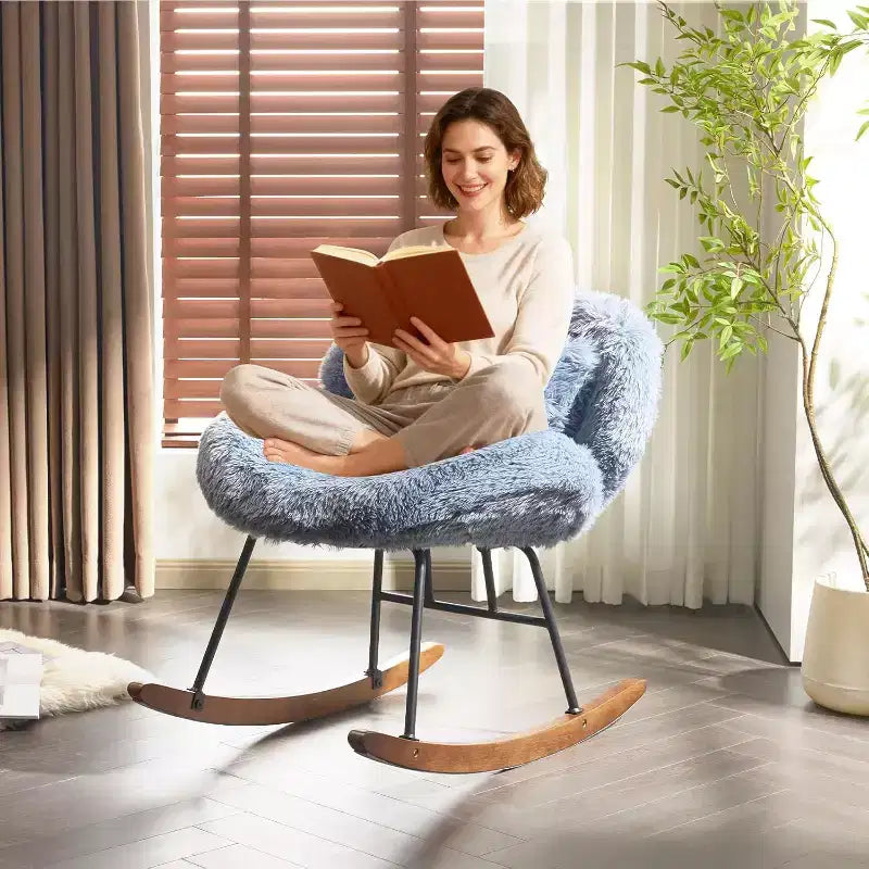 VINGLI Poltrona a dondolo a gambe incrociate curva da 25.6 pollici con cuscino lombare e base in legno massello