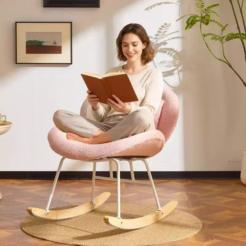 VINGLI Poltrona a dondolo a gambe incrociate curva da 25.6 pollici con cuscino lombare e base in legno massello