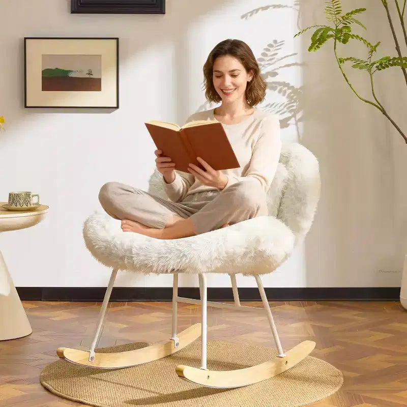 VINGLI Poltrona a dondolo a gambe incrociate curva da 25.6 pollici con cuscino lombare e base in legno massello