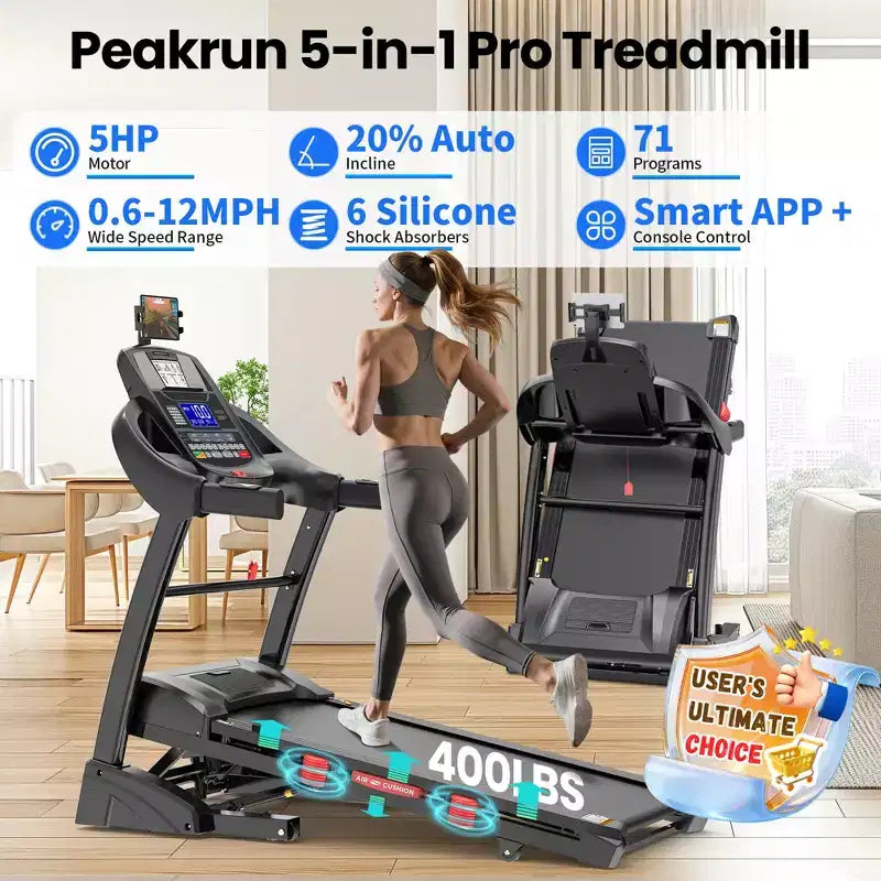 Tapis roulant pieghevole da 5 HP per casa con inclinazione automatica del 20%, capacità 400 libbre, tapis roulant portatile per corsa e camminata da 12 MPH, 71 programmi, allenamento personalizzato con APP
