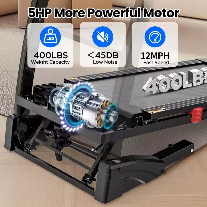 Tapis roulant pieghevole da 5 HP per casa con inclinazione automatica del 20%, capacità 400 libbre, tapis roulant portatile per corsa e camminata da 12 MPH, 71 programmi, allenamento personalizzato con APP