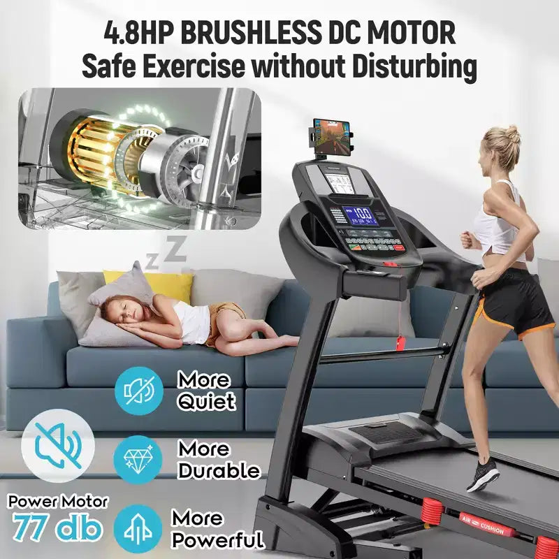 Tapis Roulant Pieghevole con Inclinazione Automatica, Motore da 4,8 HP, Inclinazione del 20%, Cardiofrequenzimetro, Altoparlanti Bluetooth, Portata 136 kg