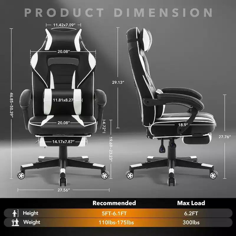 Ergonomic Gaming Chair, High-Back PU Computer Chair, Retractable Footrest, Height Adjustable, Adjustable Lumbar & Headrest, Swivel Office Chair