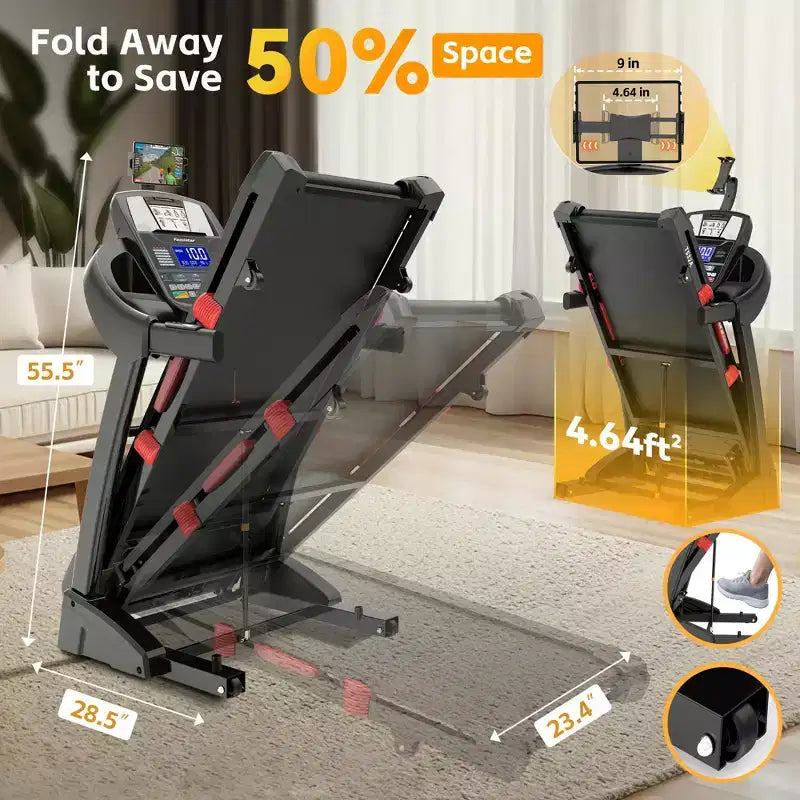 Tapis roulant con inclinazione automatica per casa, tapis roulant pieghevole con inclinazione del 20%, motore brushless da 5.0HP, 0.6-12mph, ammortizzazione