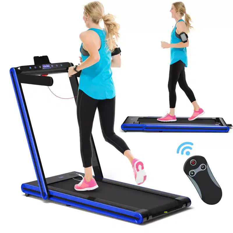 Tapis Roulant Pieghevole Gymax 2-in-1, da Sotto Scrivania, con Motore da 2.25HP, Macchina Elettrica da Camminata e Corsa e Telecomando, Adatto Nero/Blu/Rosso