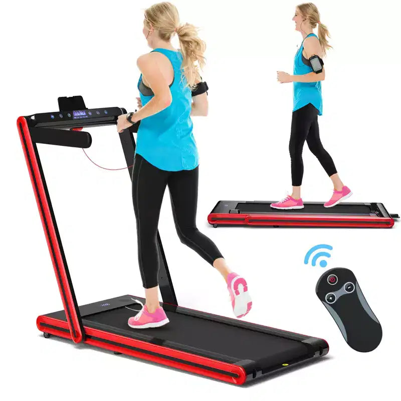 Tapis Roulant Pieghevole Gymax 2-in-1, da Sotto Scrivania, con Motore da 2.25HP, Macchina Elettrica da Camminata e Corsa e Telecomando, Adatto Nero/Blu/Rosso