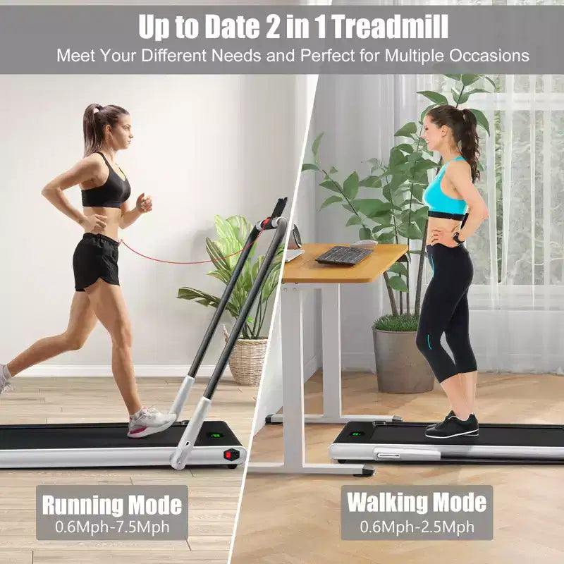 Gymax Tapis Roulant Elettrico Sotto Scrivania 2-in-1 con Motore Potente, Ruote Flessibili per il Trasporto, Supporto per Cellulare Argento/Nero/Bianco