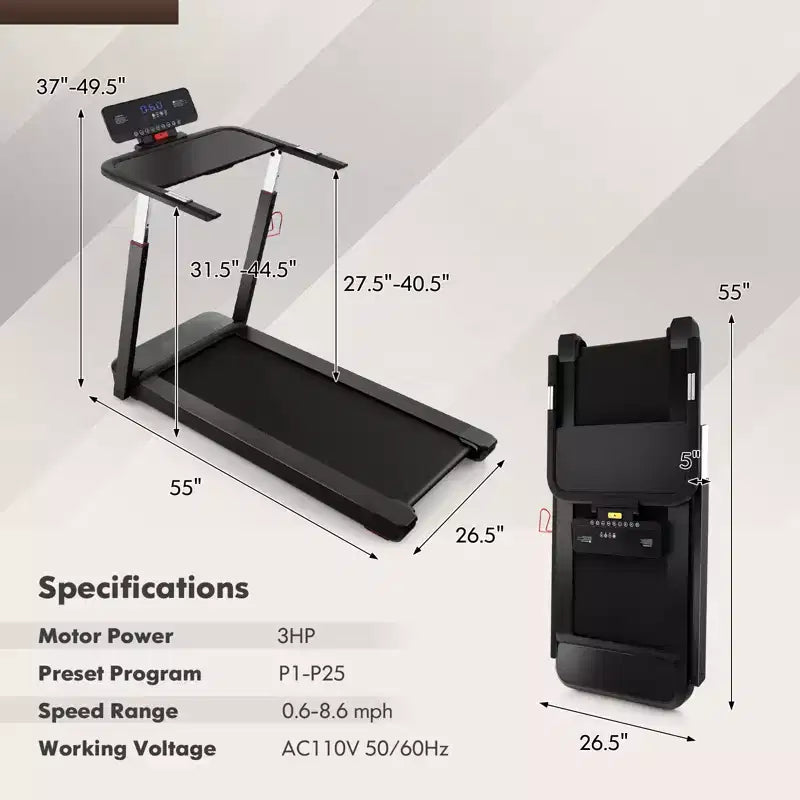 Gymax Tapis Roulant Pieghevole Max 3HP Macchina da Corsa/Camminata/Jogging con Display a LED, Corrimano Regolabile in Altezza e Doppia Cassa Bluetooth