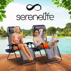 SereneLife Sedie Reclinabili da Esterno con Tavolino Laterale e Porta Bicchiere in Plastica e Cuscini Poggiatesta Imbottiti (Grigio) Confezione da 2