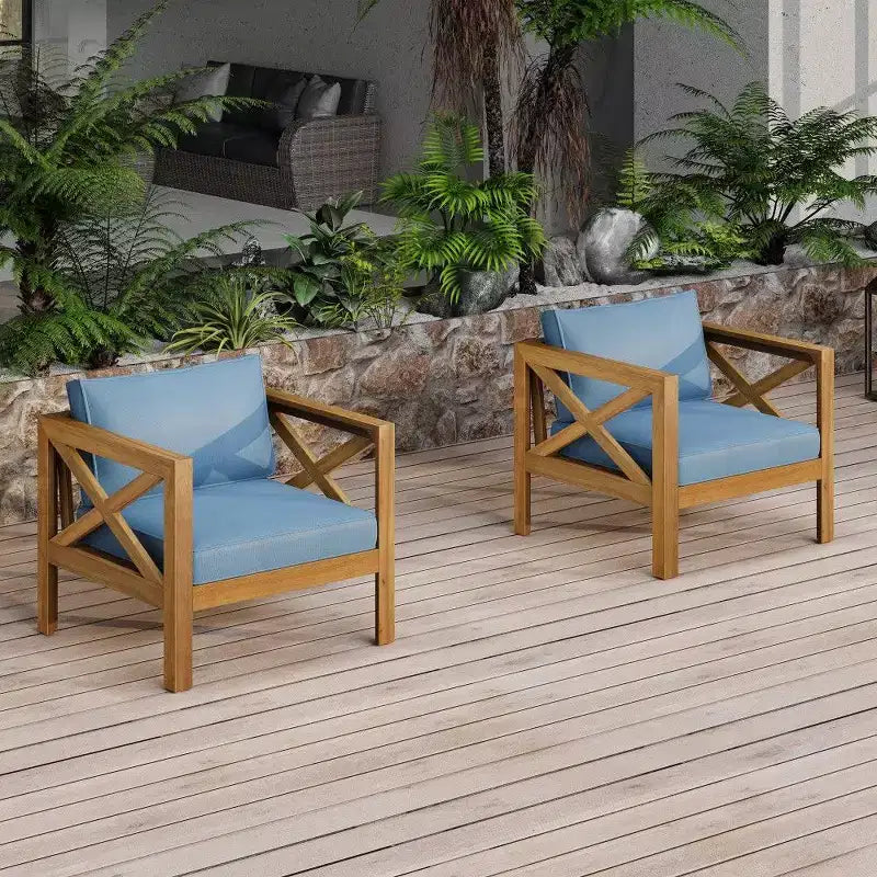 TUYOHW Set di 2 poltrone Club in legno di acacia, poltrona da esterno con finitura teak e cuscini idrorepellenti, capacità 180 kg