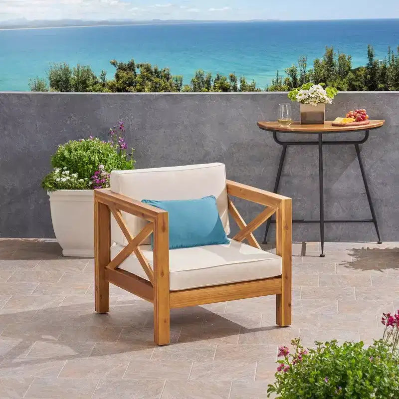 TUYOHW Acacia Wood Club Chair,Mid-Century Modern Patio Accent Chair with Water-Resistant Cushion for Backyard Garden Poolside