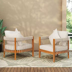 TUYOHW Patio Accent Chairs with Handwoven Rope Frame,2-Piece,Upholstered Outdoor Armchair Acacia Club Chair for Backyard&Garden,400lbs Capacity